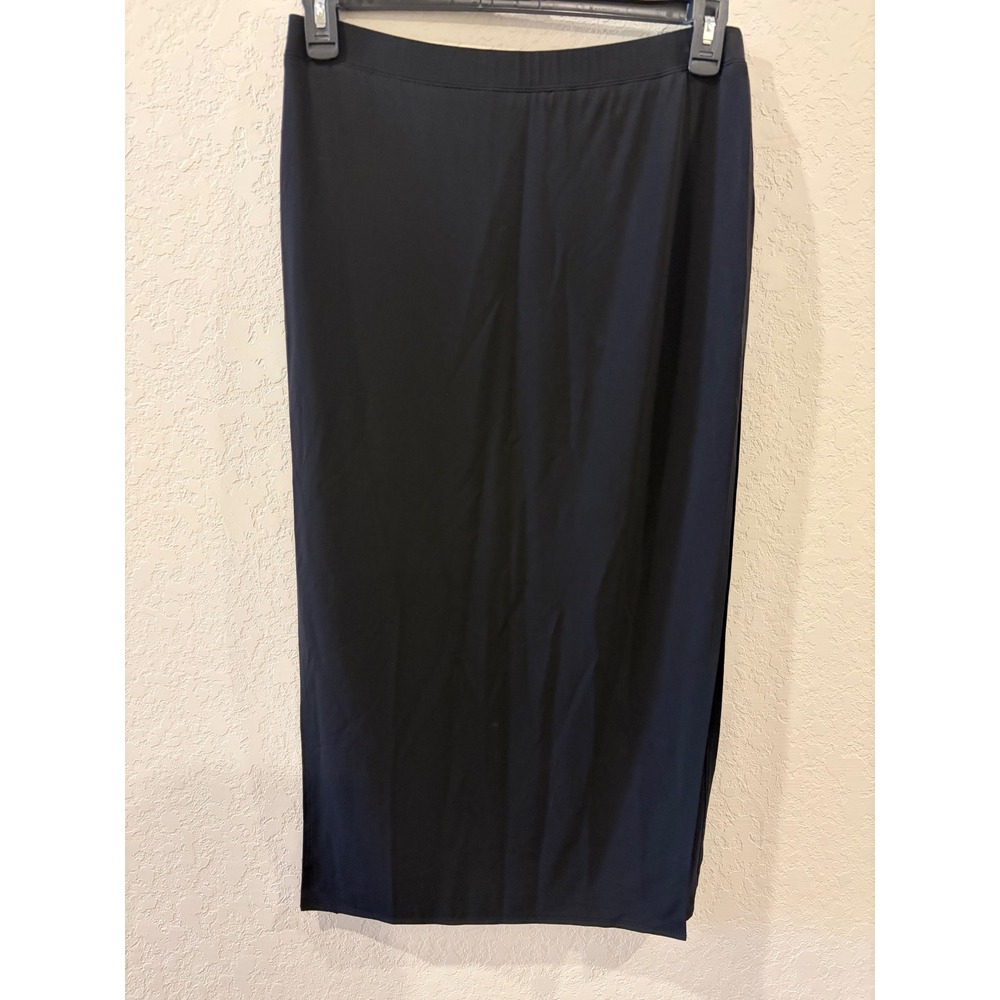 Per Se Black Midi Skirt Side Slit Stretchy Viscose Blend Size 6 US 8 UK